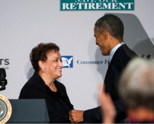 AARP CEO Jo Ann Jenkins greets President Barack Obama before he delivers a speech at AARP headquarters in Washington D.C. last year.
